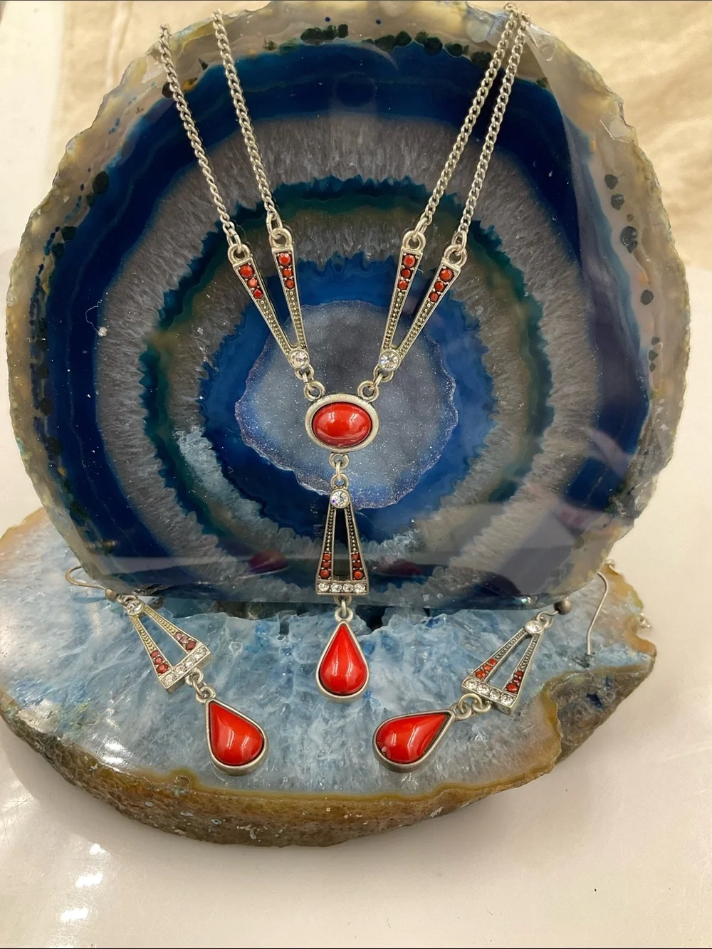Lia Sophia Silver Chain Necklace With Red Teardrop Pendant Necklace & Earrings
